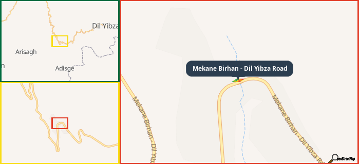 Map showing the address of Mekane Birhan - Dil Yibza Road in three different zoom levels.