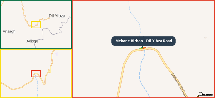 Map showing the address of Mekane Birhan - Dil Yibza Road in three different zoom levels.