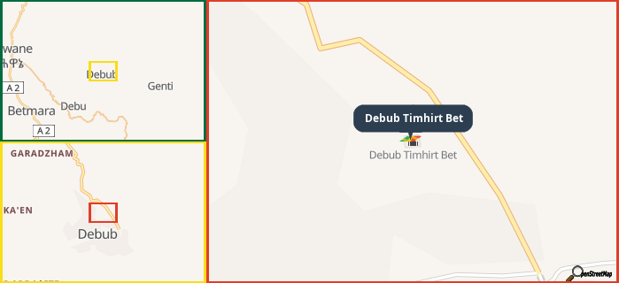Map showing the address of Debub Timhirt Bet in three different zoom levels.