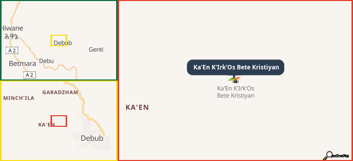 Map showing the address of Ka'En K'Irk'Os Bete Kristiyan in three different zoom levels.