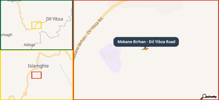 Map showing the address of Mekane Birhan - Dil Yibza Road in three different zoom levels.