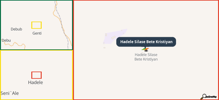 Map showing the address of Hadele Silase Bete Kristiyan in three different zoom levels.