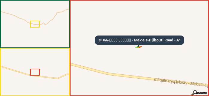 Map showing the address of መቀሌ-طريق جيبوتي - Mek’ele-Djibouti Road - A1 in three different zoom levels.