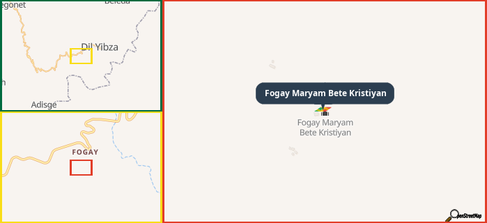 Map showing the address of Fogay Maryam Bete Kristiyan in three different zoom levels.