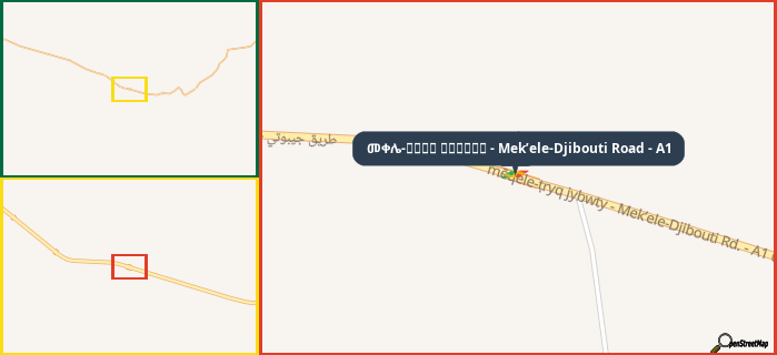 Map showing the address of መቀሌ-طريق جيبوتي - Mek’ele-Djibouti Road - A1 in three different zoom levels.