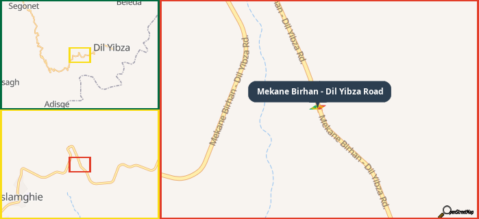 Map showing the address of Mekane Birhan - Dil Yibza Road in three different zoom levels.