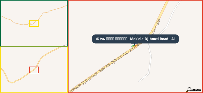 Map showing the address of መቀሌ-طريق جيبوتي - Mek’ele-Djibouti Road - A1 in three different zoom levels.