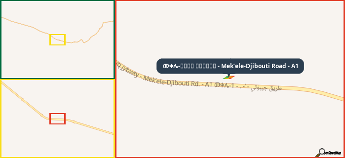 Map showing the address of መቀሌ-طريق جيبوتي - Mek’ele-Djibouti Road - A1 in three different zoom levels.