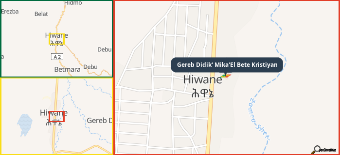 Map showing the address of Gereb Didik' Mika'El Bete Kristiyan in three different zoom levels.