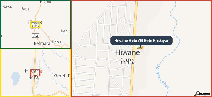 Map showing the address of Hiwane Gebri'El Bete Kristiyan in three different zoom levels.