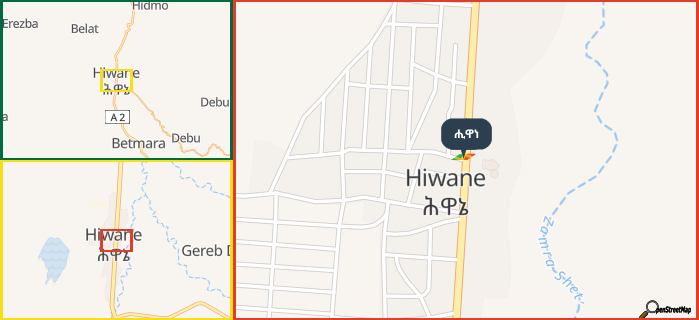 Map showing the address of ሒዋነ in three different zoom levels.