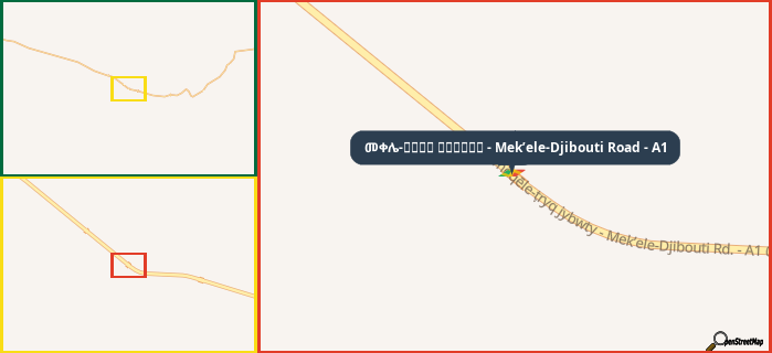 Map showing the address of መቀሌ-طريق جيبوتي - Mek’ele-Djibouti Road - A1 in three different zoom levels.