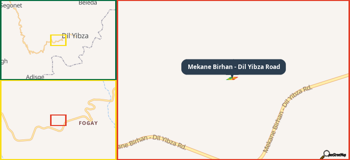 Map showing the address of Mekane Birhan - Dil Yibza Road in three different zoom levels.