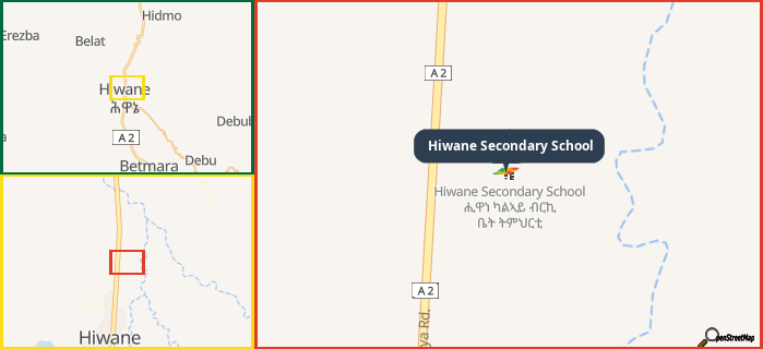 Map showing the address of Hiwane Secondary School in three different zoom levels.