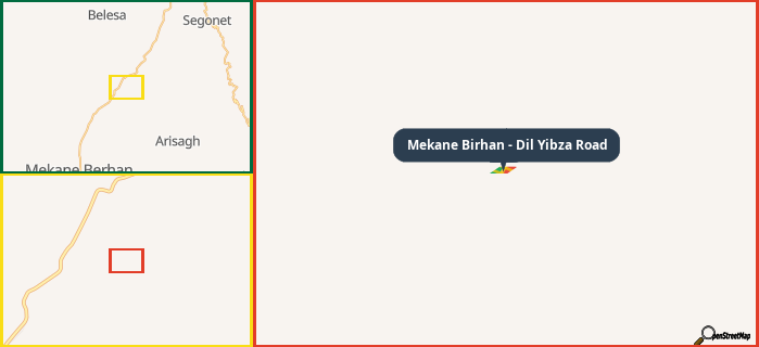 Map showing the address of Mekane Birhan - Dil Yibza Road in three different zoom levels.