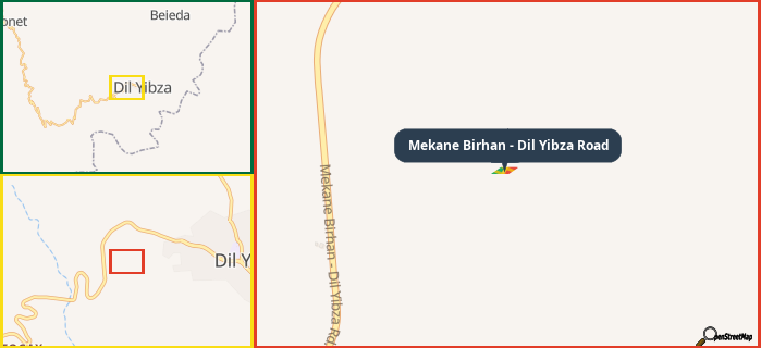 Map showing the address of Mekane Birhan - Dil Yibza Road in three different zoom levels.