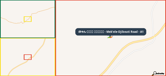 Map showing the address of መቀሌ-طريق جيبوتي - Mek’ele-Djibouti Road - A1 in three different zoom levels.