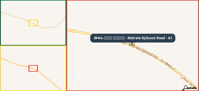 Map showing the address of መቀሌ-طريق جيبوتي - Mek’ele-Djibouti Road - A1 in three different zoom levels.