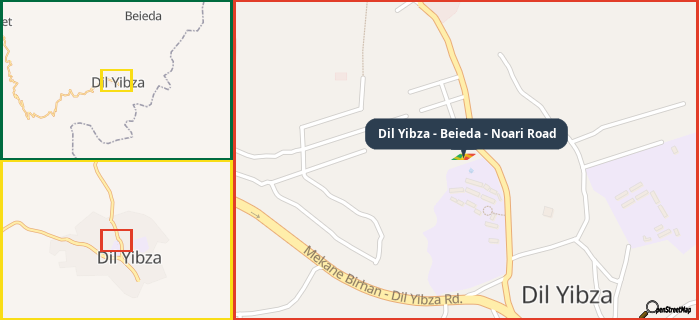 Map showing the address of Dil Yibza - Beieda - Noari Road in three different zoom levels.