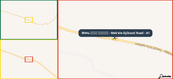Map showing the address of መቀሌ-طريق جيبوتي - Mek’ele-Djibouti Road - A1 in three different zoom levels.