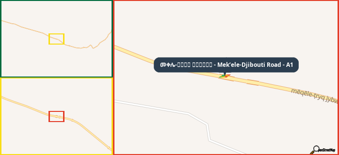 Map showing the address of መቀሌ-طريق جيبوتي - Mek’ele-Djibouti Road - A1 in three different zoom levels.