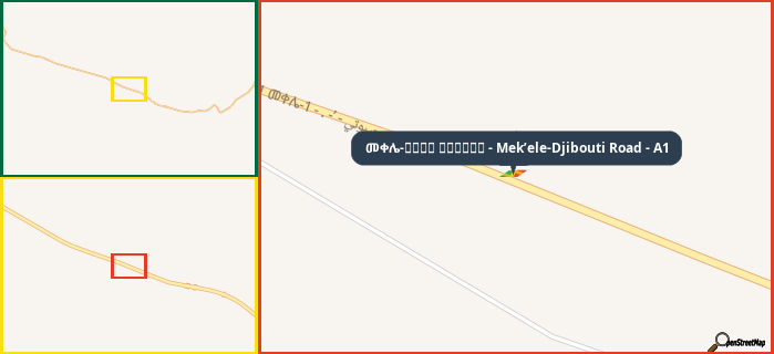 Map showing the address of መቀሌ-طريق جيبوتي - Mek’ele-Djibouti Road - A1 in three different zoom levels.