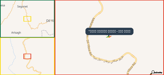 Map showing the address of "طريق ميكاني برهان - ديل يبزا in three different zoom levels.