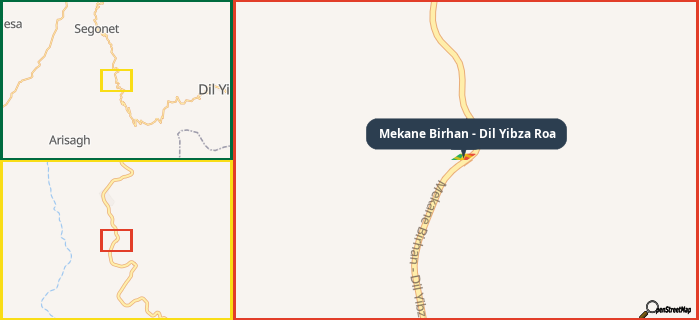 Map showing the address of Mekane Birhan - Dil Yibza Roa in three different zoom levels.