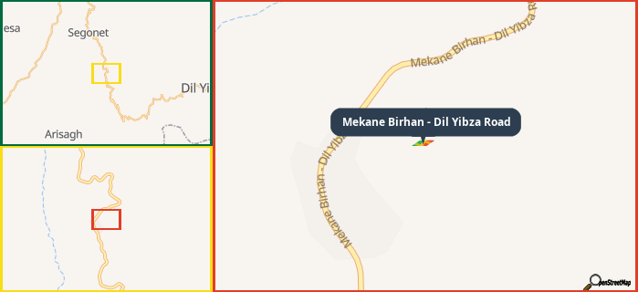 Map showing the address of Mekane Birhan - Dil Yibza Road in three different zoom levels.