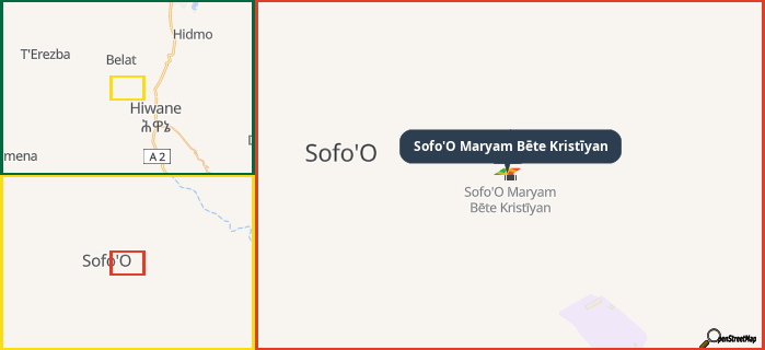 Map showing the address of Sofo'O Maryam Bēte Kristīyan in three different zoom levels.
