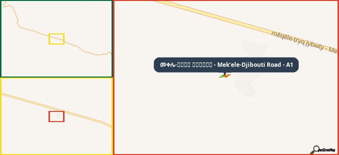 Map showing the address of መቀሌ-طريق جيبوتي - Mek’ele-Djibouti Road - A1 in three different zoom levels.