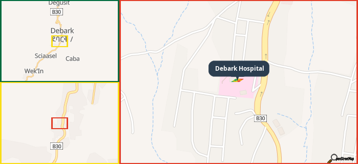 Map showing the address of Debark Hospital in three different zoom levels.