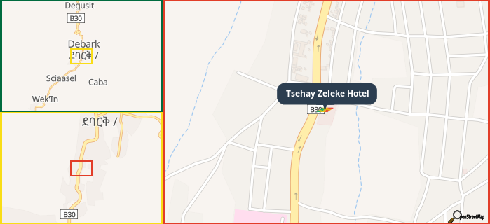 Map showing the address of Tsehay Zeleke Hotel in three different zoom levels.