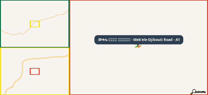 Map showing the address of መቀሌ-طريق جيبوتي - Mek’ele-Djibouti Road - A1 in three different zoom levels.