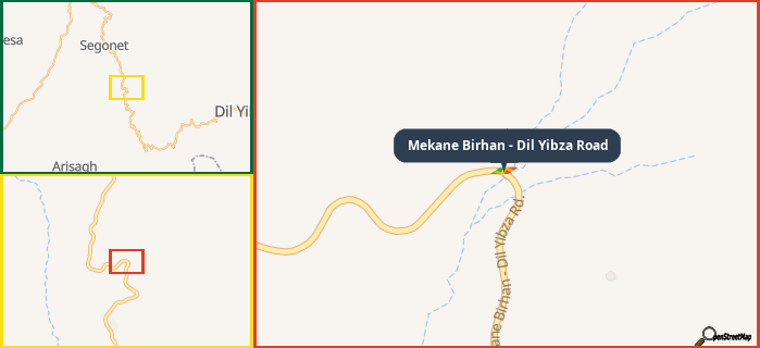 Map showing the address of Mekane Birhan - Dil Yibza Road in three different zoom levels.