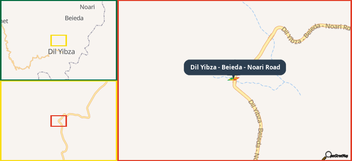 Map showing the address of Dil Yibza - Beieda - Noari Road in three different zoom levels.