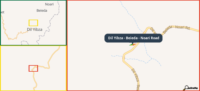 Map showing the address of Dil Yibza - Beieda - Noari Road in three different zoom levels.