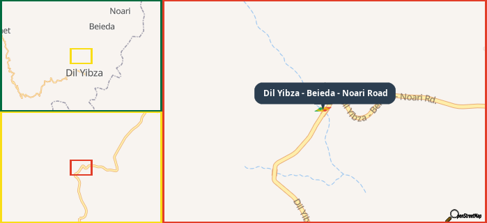 Map showing the address of Dil Yibza - Beieda - Noari Road in three different zoom levels.