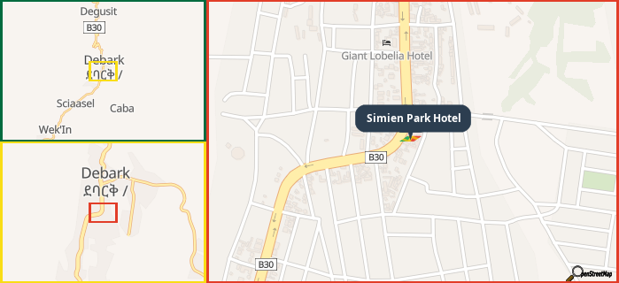 Map showing the address of Simien Park Hotel in three different zoom levels.