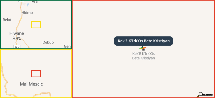 Map showing the address of Kek'E K'Irk'Os Bete Kristiyan in three different zoom levels.