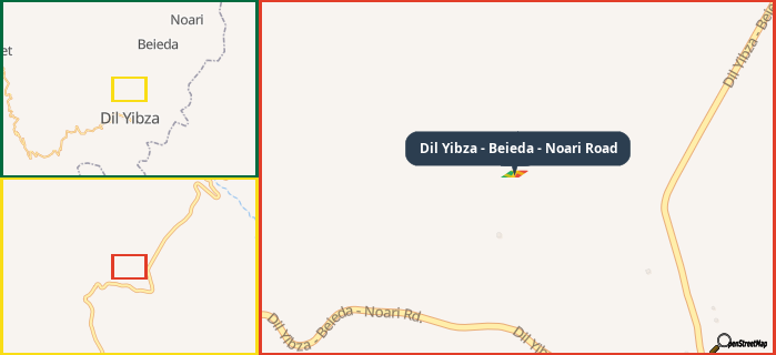 Map showing the address of Dil Yibza - Beieda - Noari Road in three different zoom levels.
