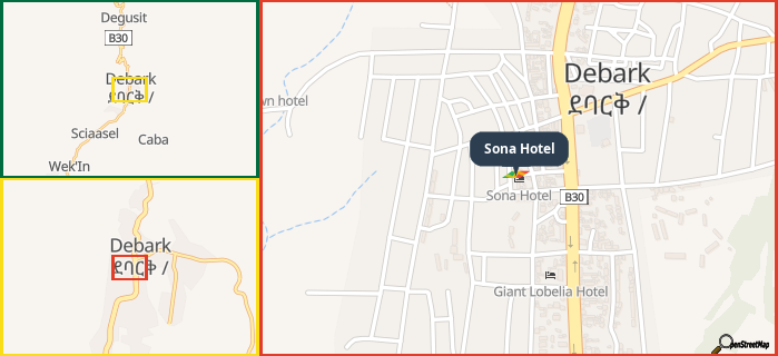 Map showing the address of Sona Hotel in three different zoom levels.