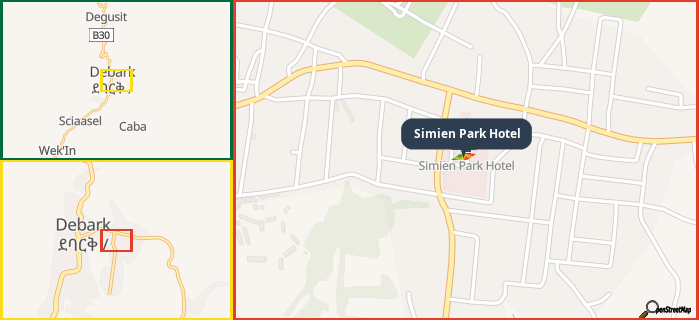 Map showing the address of Simien Park Hotel in three different zoom levels.