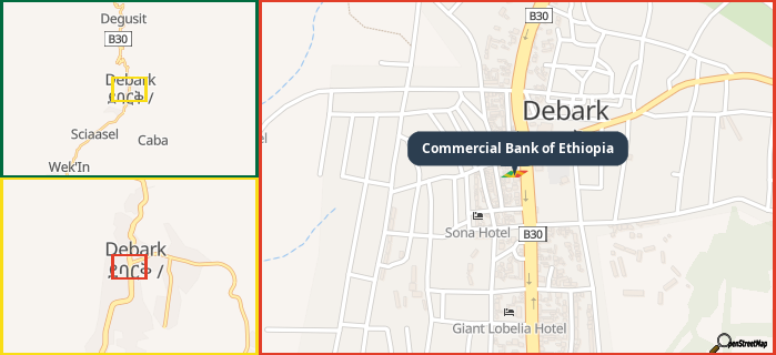Map showing the address of Commercial Bank of Ethiopia in three different zoom levels.