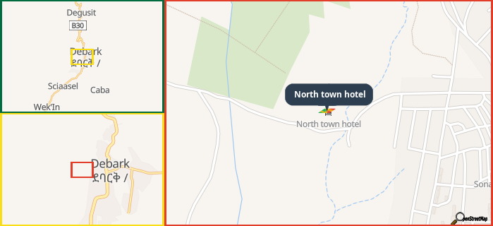 Map showing the address of North town hotel in three different zoom levels.