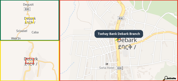 Map showing the address of Tsehay Bank Debark Branch in three different zoom levels.