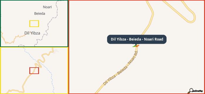 Map showing the address of Dil Yibza - Beieda - Noari Road in three different zoom levels.