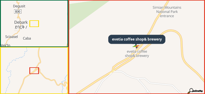 Map showing the address of evetia coffee shop& brewery in three different zoom levels.