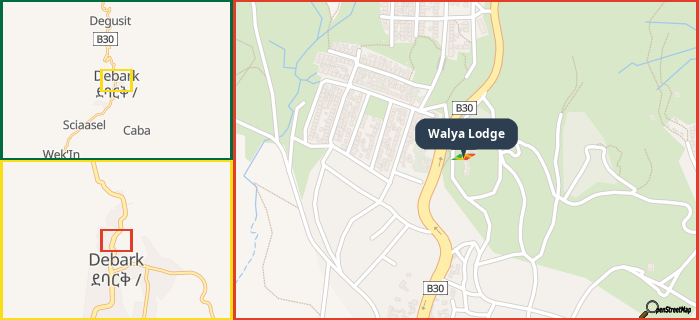 Map showing the address of Walya Lodge in three different zoom levels.
