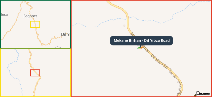 Map showing the address of Mekane Birhan - Dil Yibza Road in three different zoom levels.